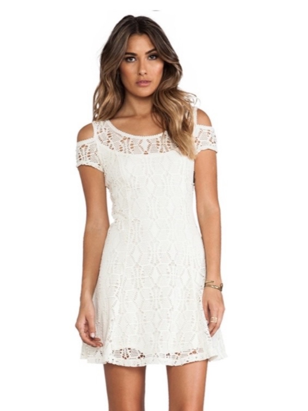 Free People Kiss the Sun Off Shoulder Mini Dress Size S Ivory Crochet Fit Flare